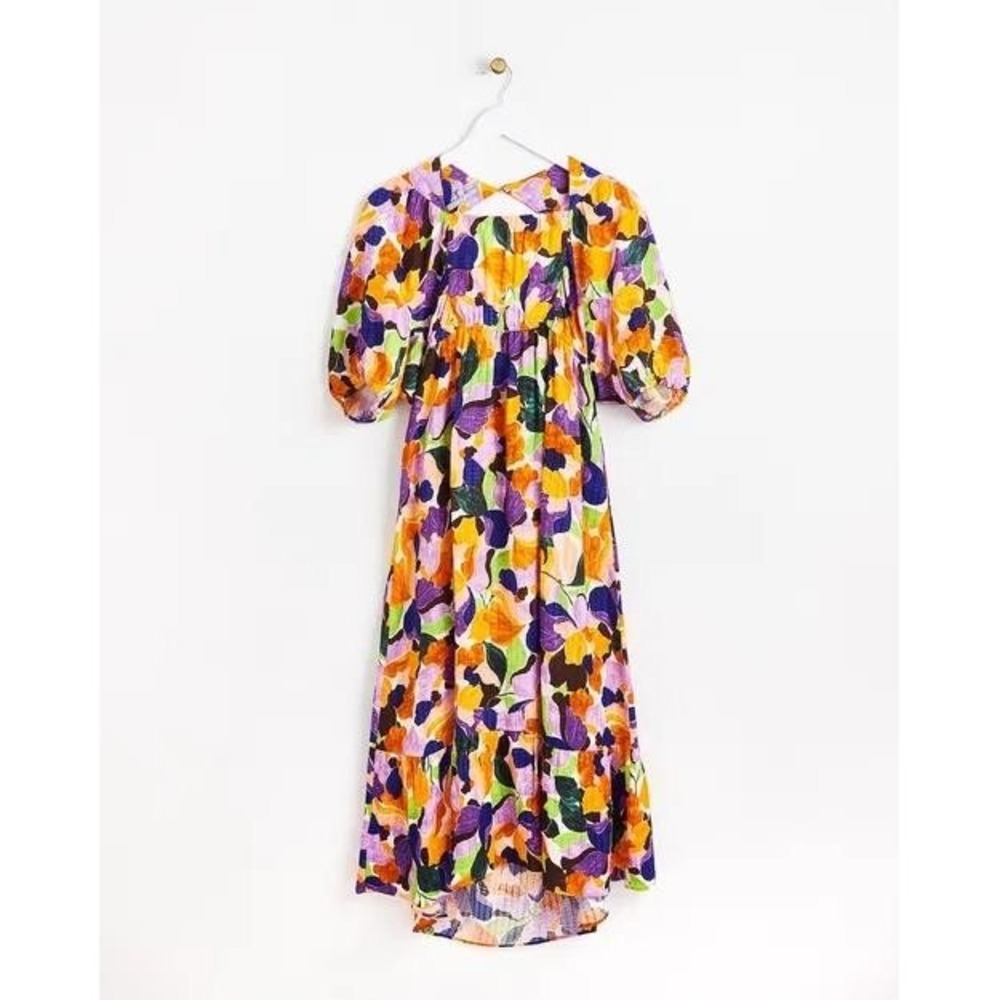 Floral Puff-Sleeve Midi Dress in Multi